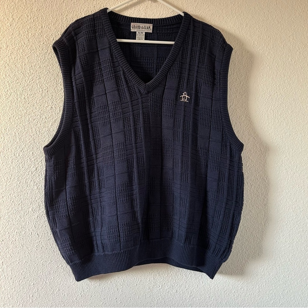 Grand Slam VTG Knit Vest XL Men’s Pull Over Plaid 3D Knit Blue Embroidered Work